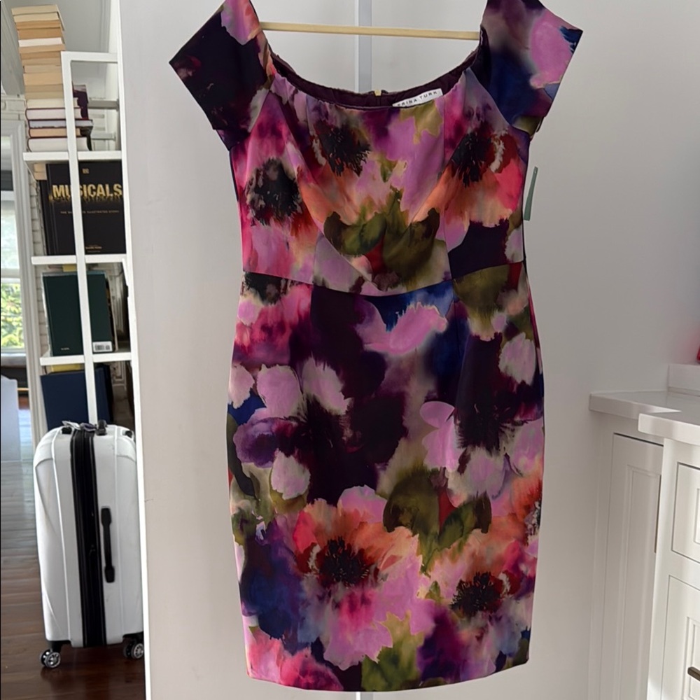 Trina Turk Floral Cap-Sleeve Midi Dress in Purple, Pink, Green